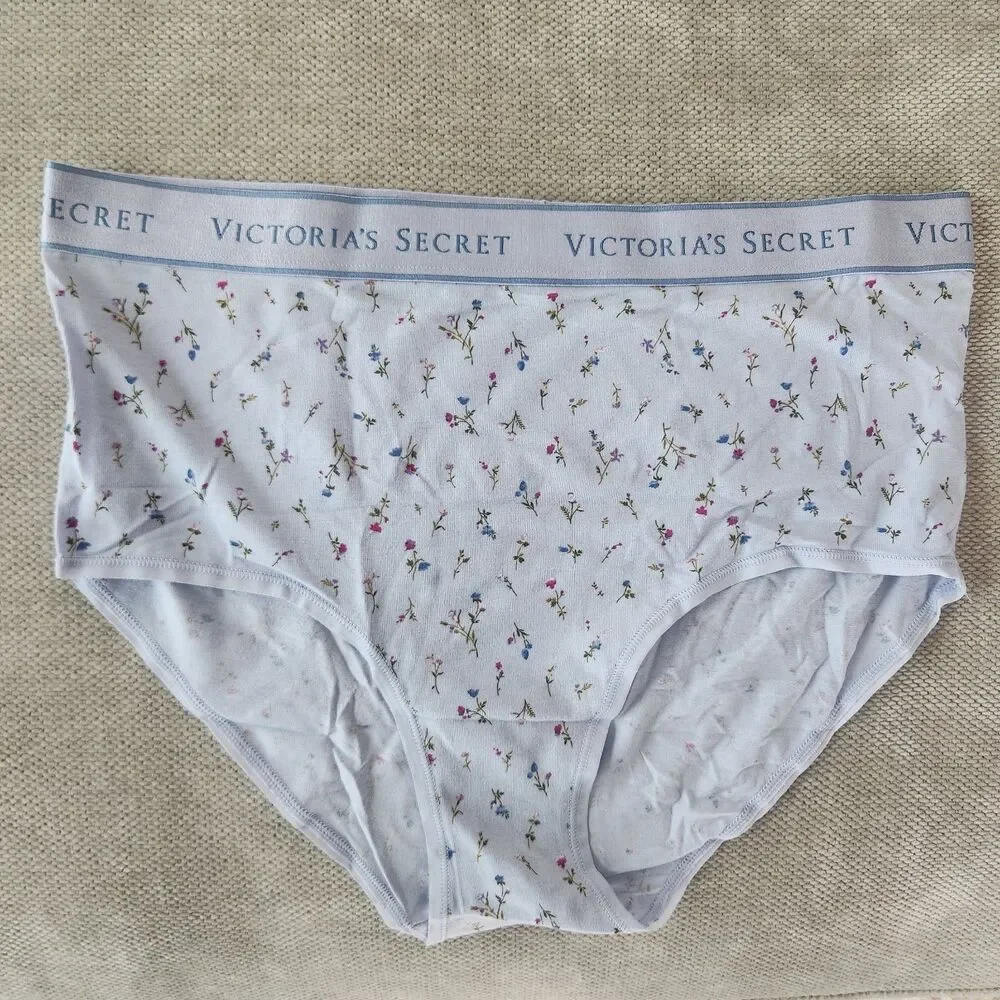 Victorias Secret Medium Blue Floral‎ Cotton Logo Modern Brief Panty NWT